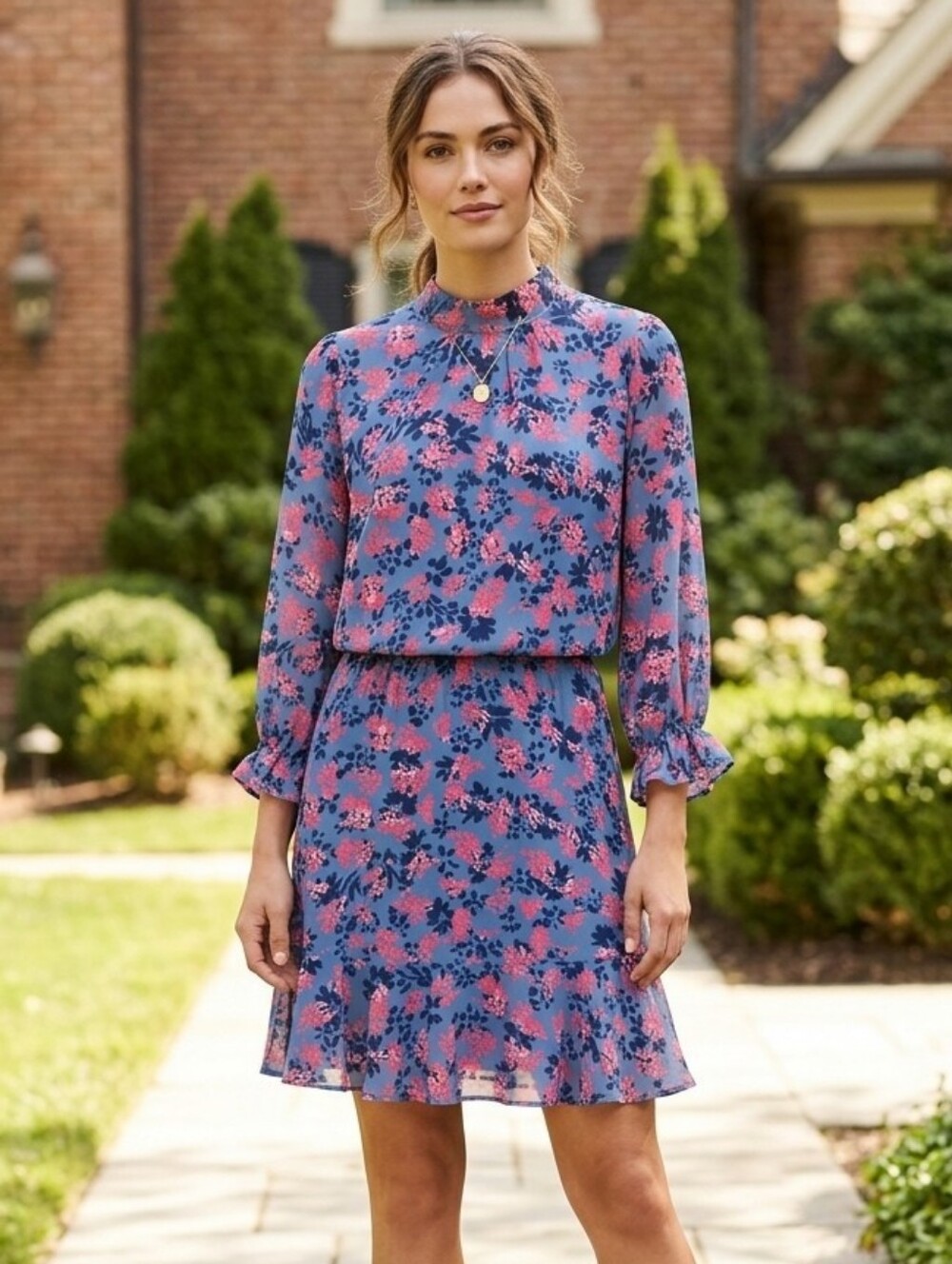 THML Blue Floral Long-Sleeve Ruffle Hem Dress with Pink Accents